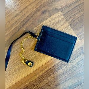 Prada black leather card holder with gold chain